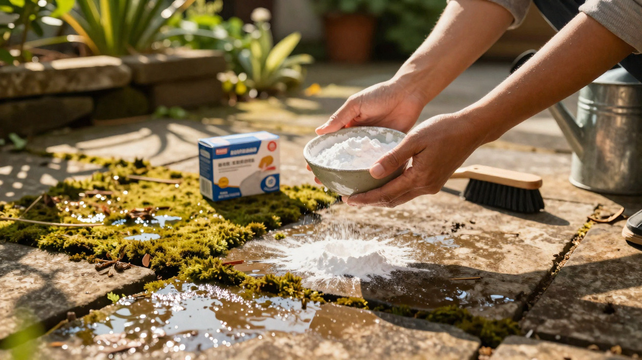Person sprinkling white powder onto mossy garden paving slabs on a sunny day with cleaning tools nearby.