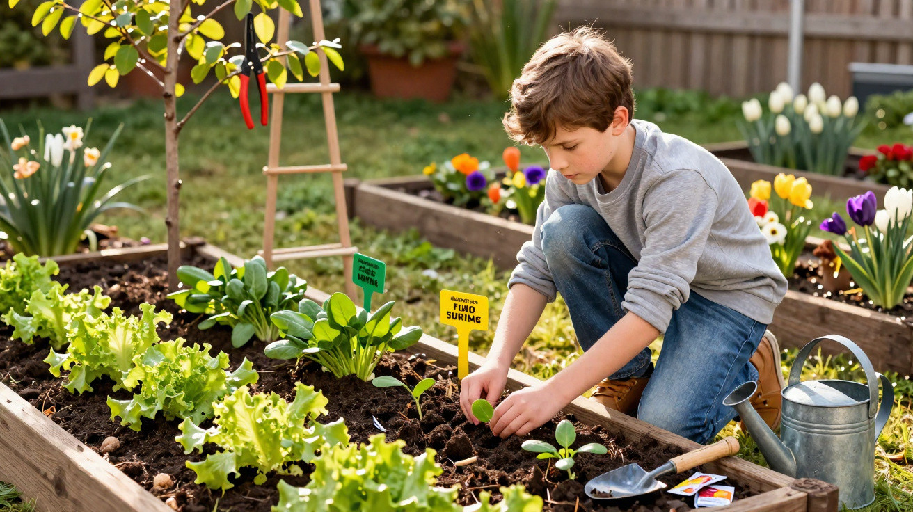 Young boy planting seedlings in a raised garden bed surrounded by flowers and gardening tools.