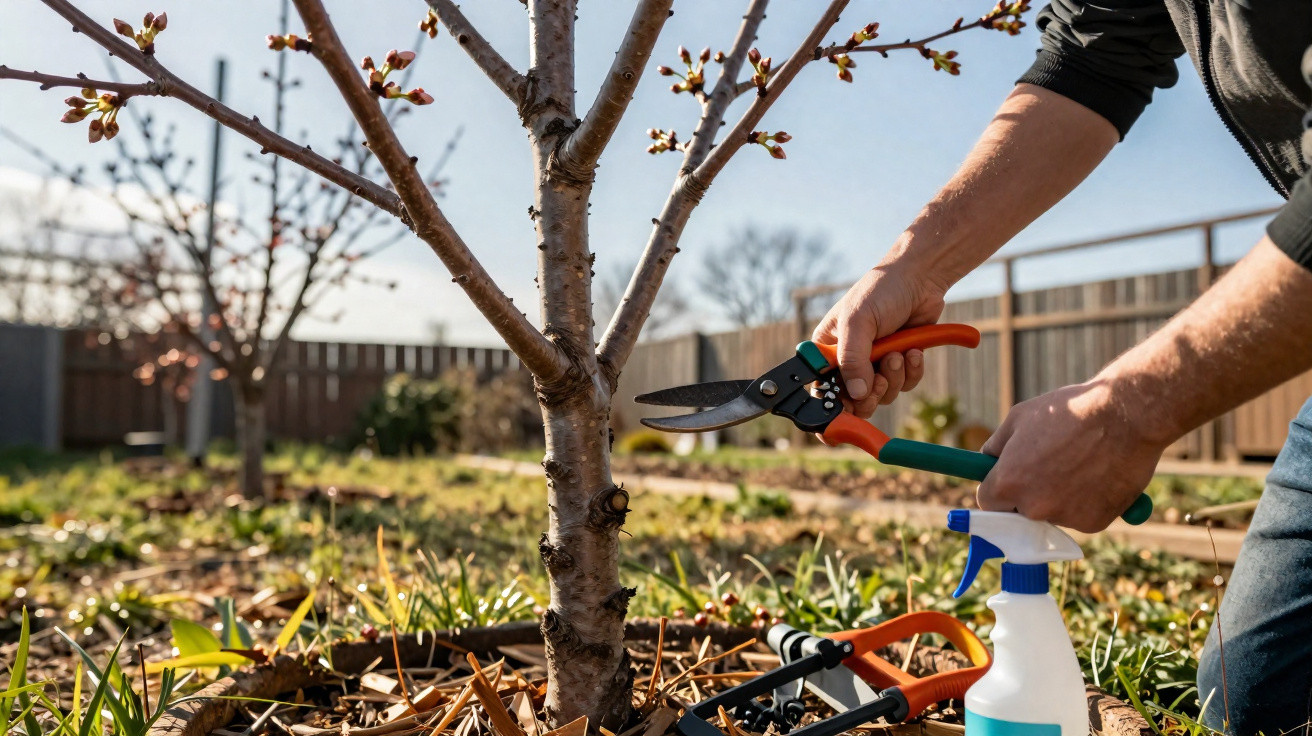 Person pruning a young tree branch with shears in a sunny garden, surrounded by plants and gardening tools.