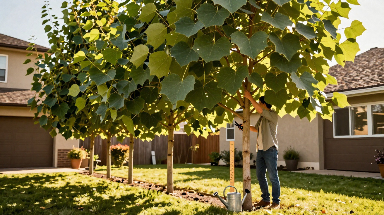 Person measuring the height of a tree in a sunny backyard with houses in the background.