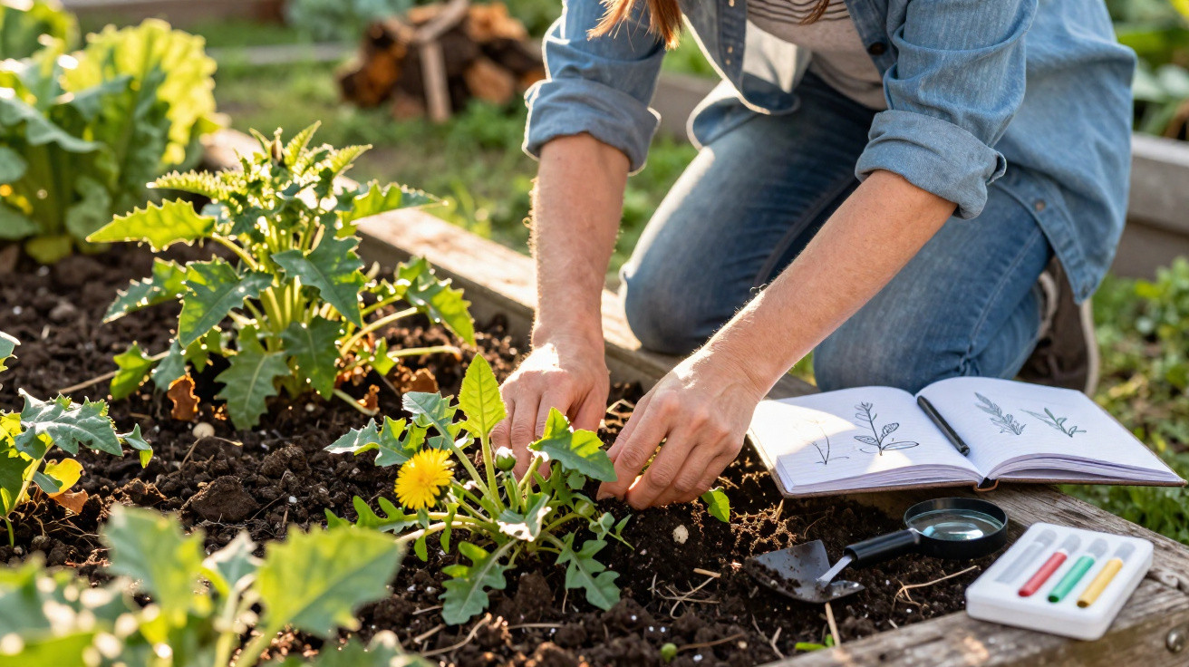 Person kneeling and examining plants in a garden bed with a botanical sketchbook and magnifying glass nearby.