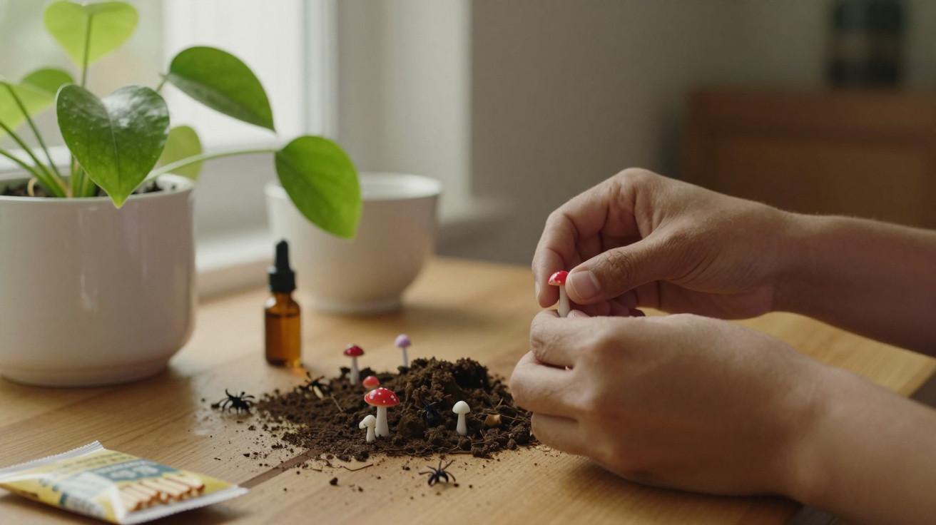 Hands arranging miniature mushrooms and toy spiders in soil on a wooden table near a potted plant and cup.