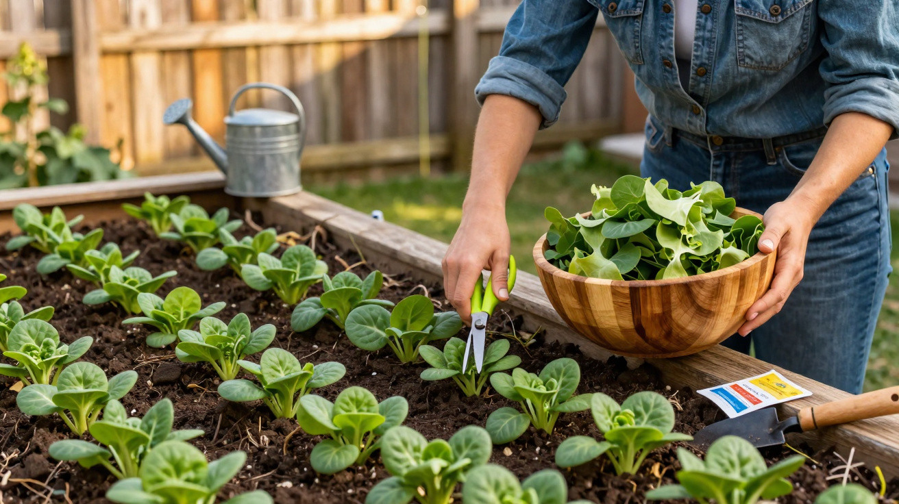 Person harvesting fresh green lettuces from a garden bed into a wooden bowl with gardening tools nearby.