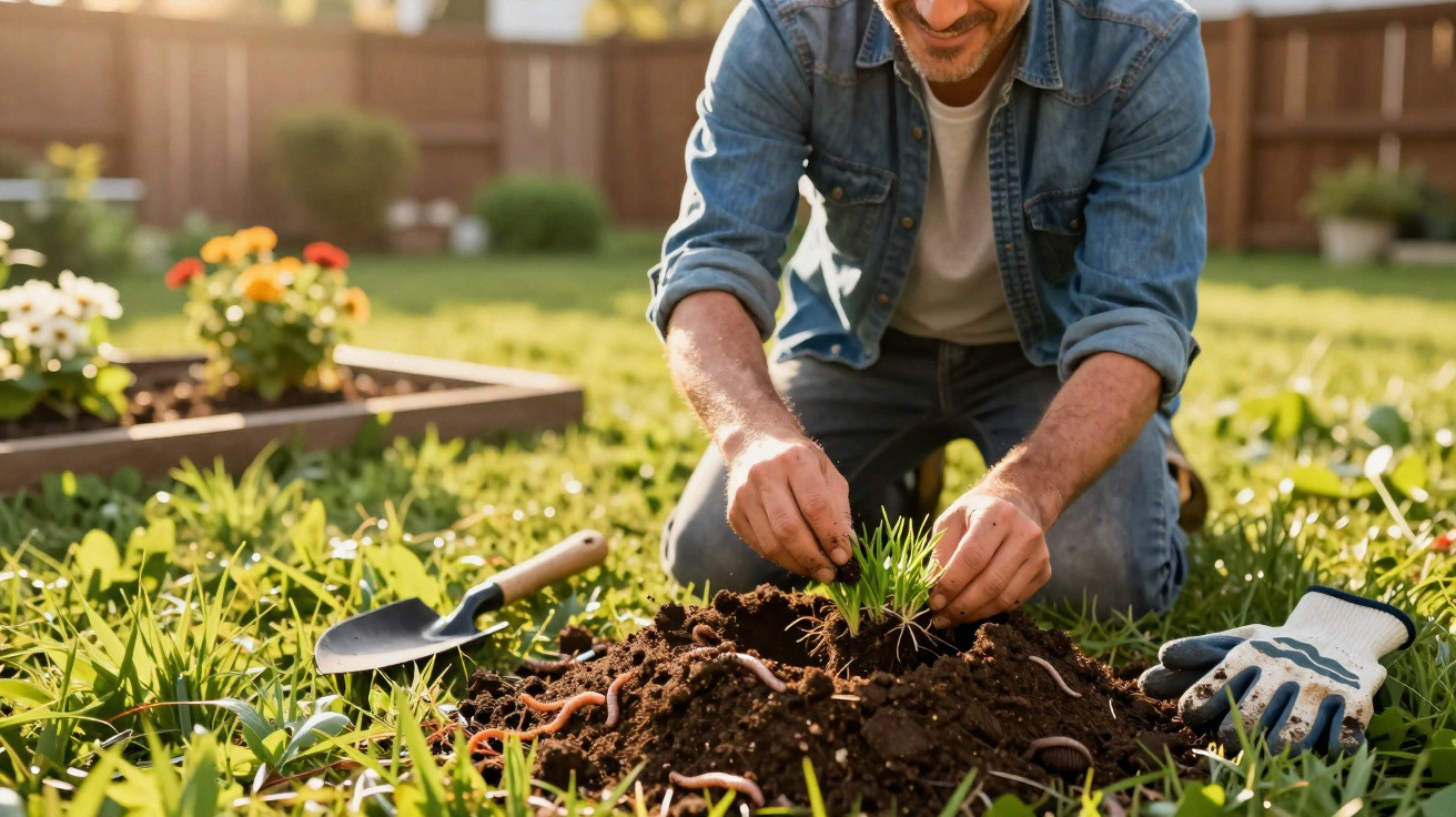 Man kneeling in garden planting seedlings in soil with earthworms, gardening glove and trowel nearby.