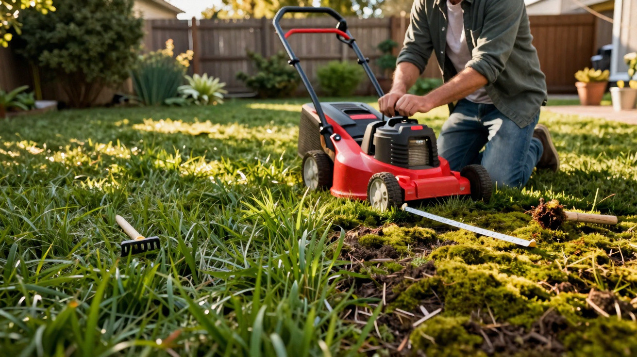 Person kneeling on grass using a red lawn mower in a fenced backyard garden.