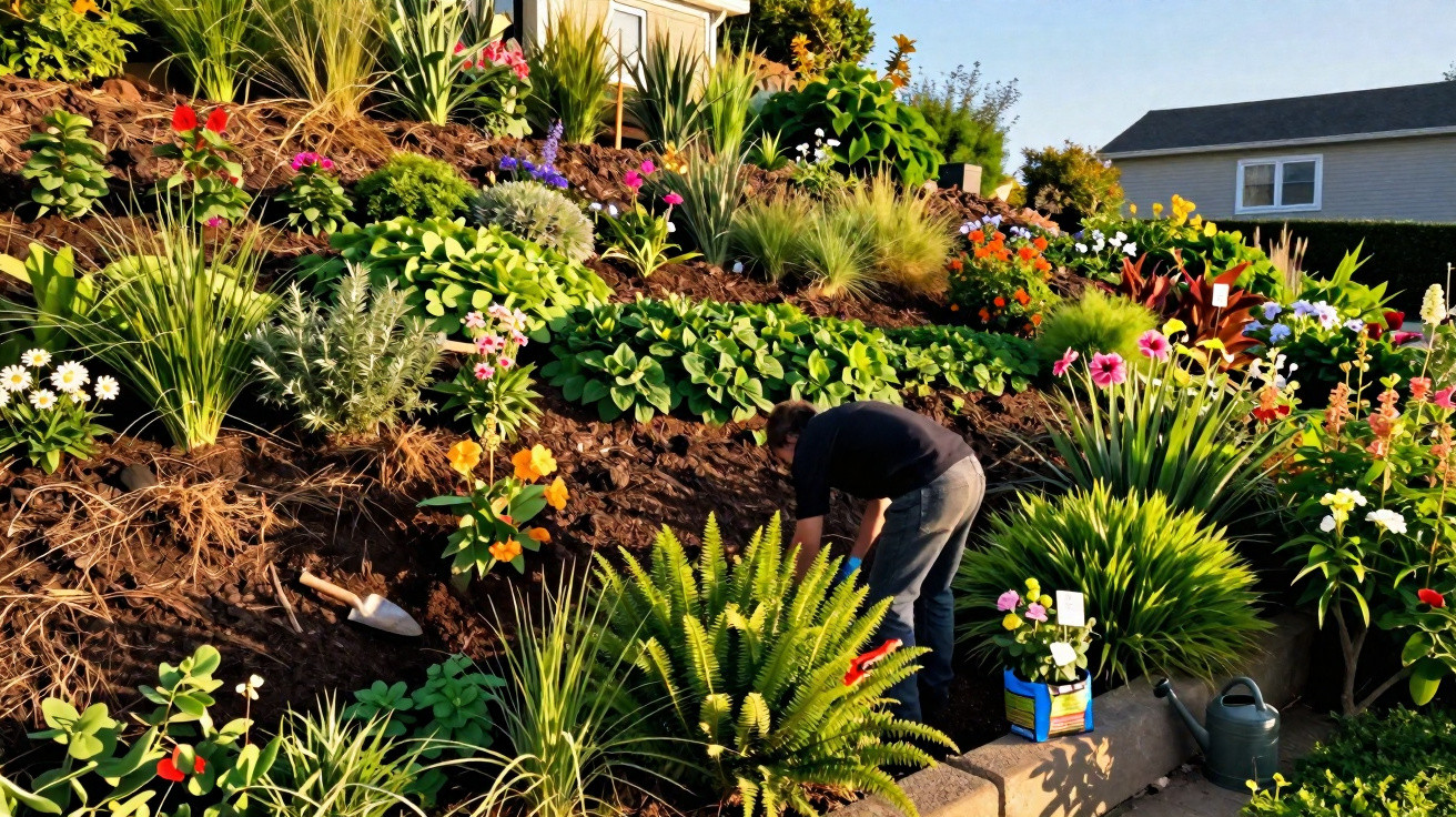 Person gardening on a sunny slope filled with diverse colourful flowers and lush green plants near houses.