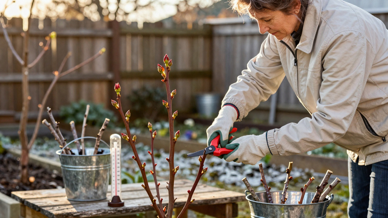 Person pruning rose stems in a garden during early spring with gloves and secateurs.