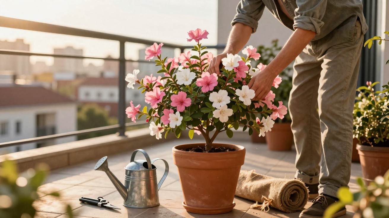 Person tending to a pink and white flowering plant on a balcony with gardening tools nearby.