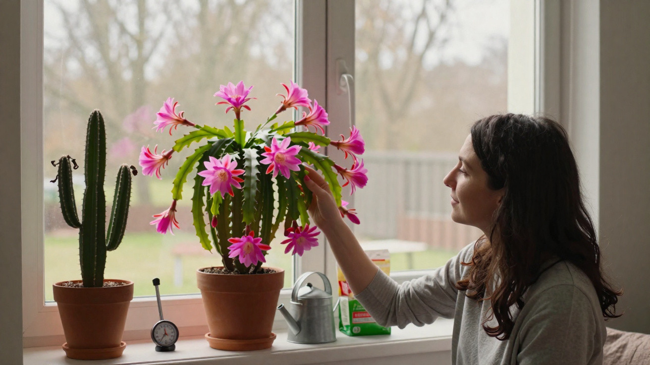 Woman tending to a blooming pink cactus plant on a windowsill with another cactus and gardening tools.