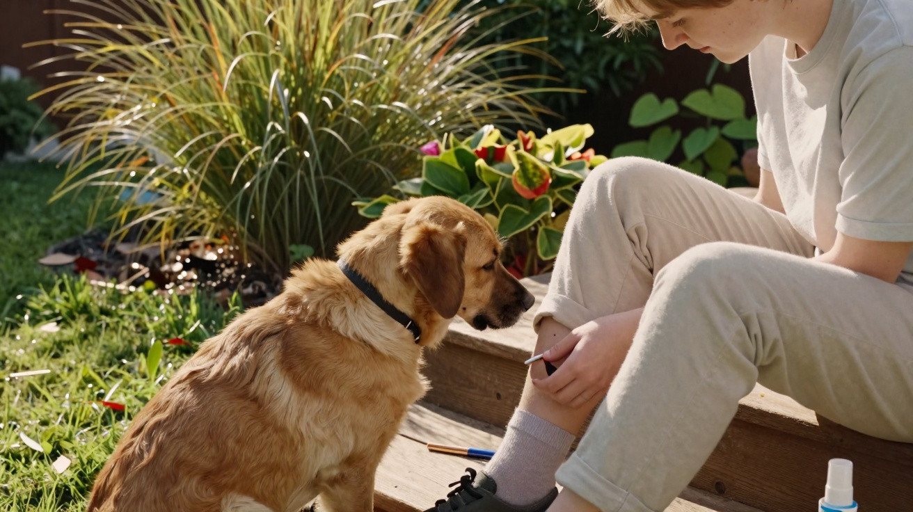 Person sitting on steps interacting attentively with a golden retriever dog in a garden.