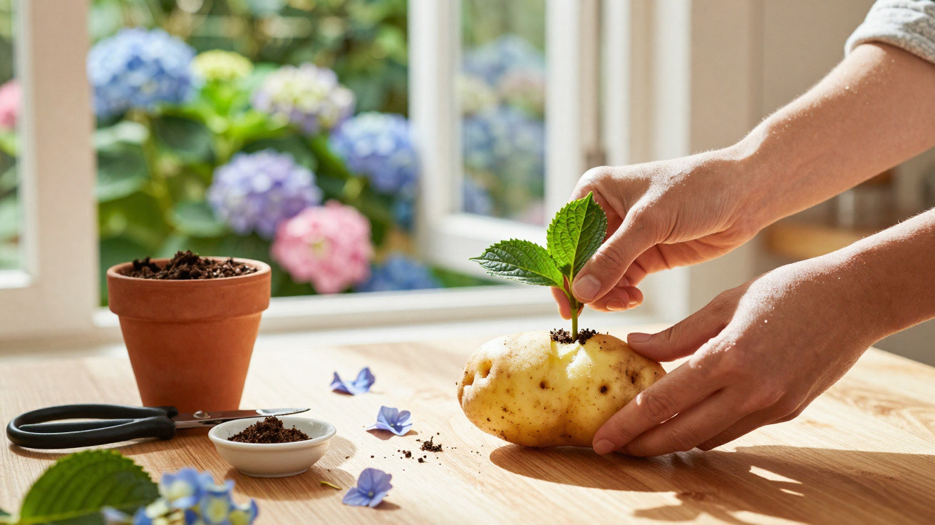 Hands planting a green seedling into a potato on a wooden table near a window with gardening tools.