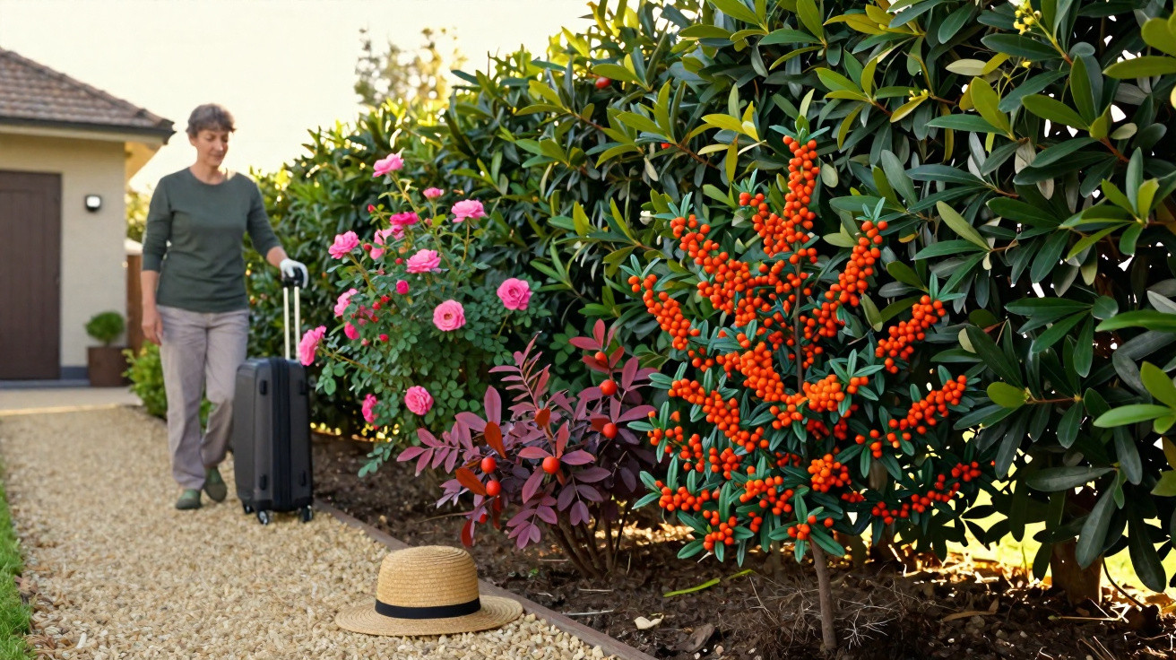 Woman walking on garden path with suitcase near flowering shrubs and a straw hat on the ground