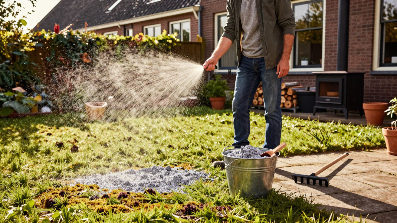 Person sprinkling lime powder on a garden lawn with a rake and bucket nearby in a residential backyard.
