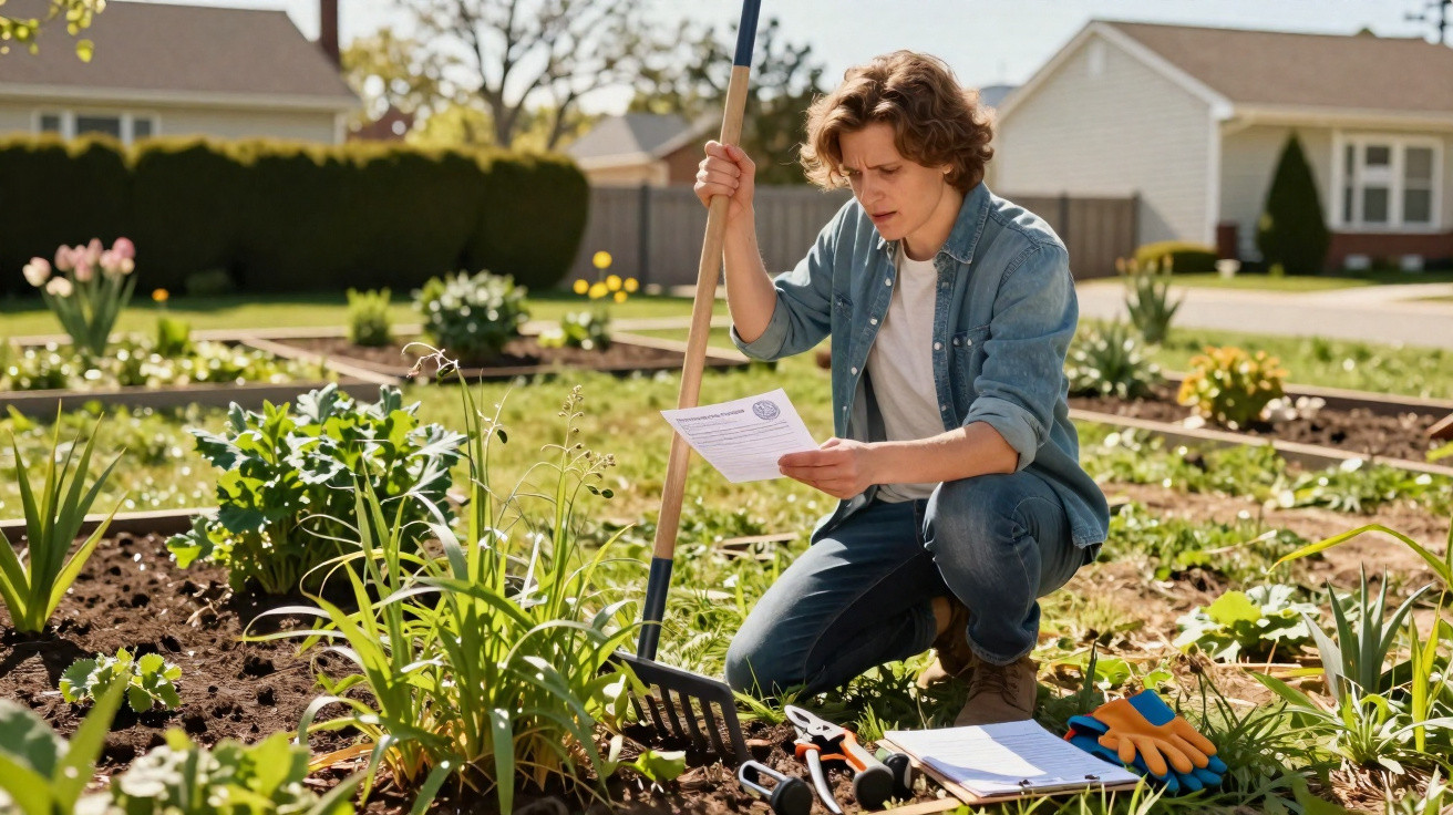 Young man gardening outdoors, kneeling on soil, holding a rake and reading a paper with gardening tools nearby.