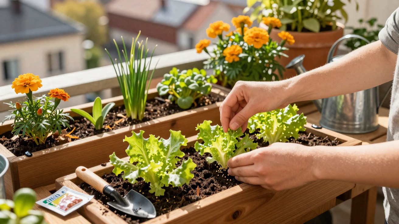 Hands tending to lettuce and flowers growing in wooden planter boxes on a balcony in sunlight