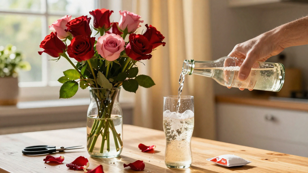Hand pouring sparkling water from a glass bottle into a glass on a wooden table near a vase of roses.