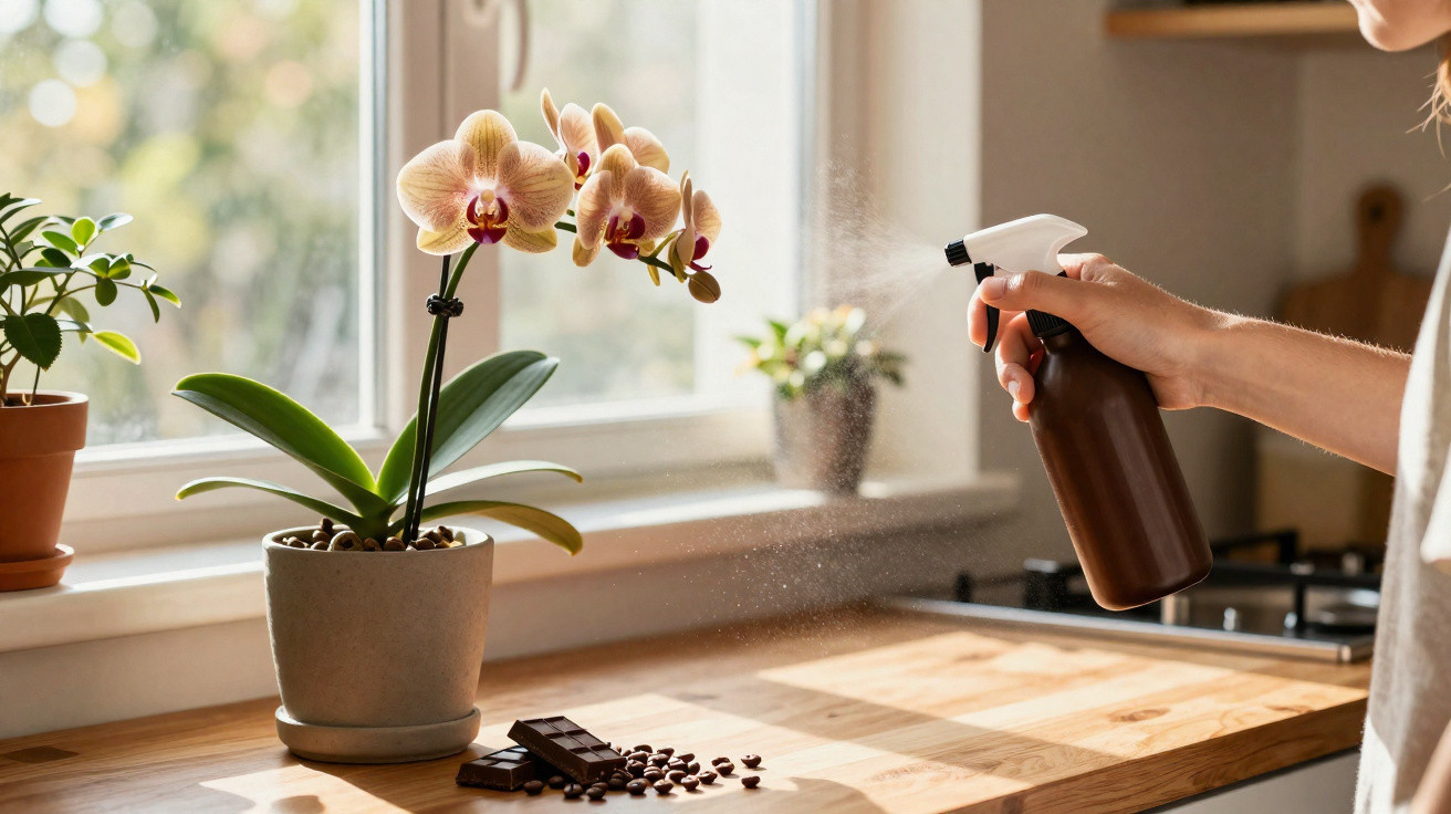 Person spraying water on a potted orchid plant on a kitchen windowsill at sunrise.