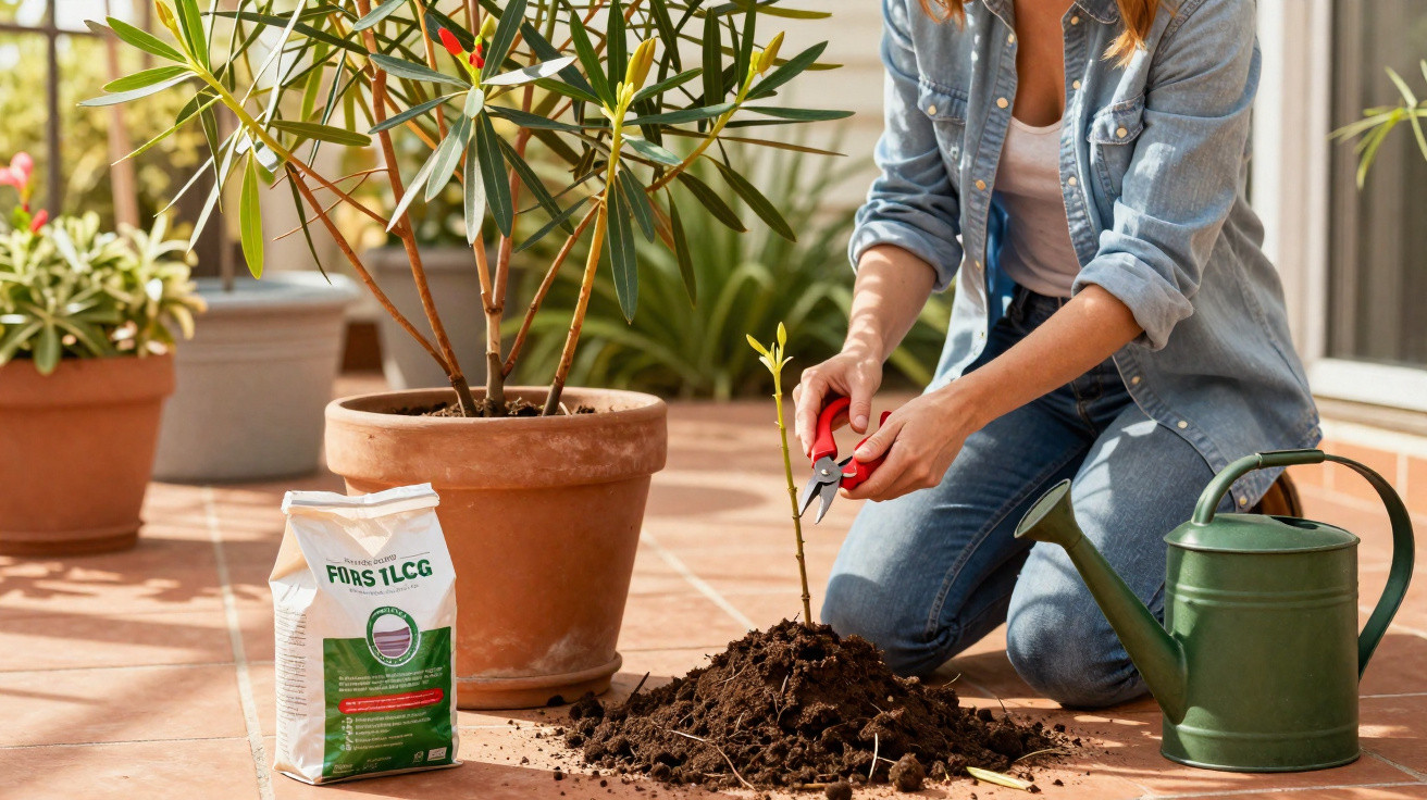 Person pruning a small plant on a tiled patio with watering can and potted plants nearby.