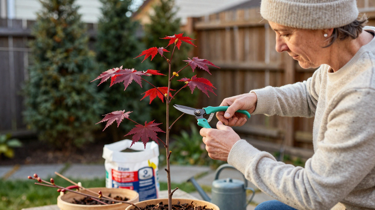 Person pruning a young Japanese maple tree with red leaves in a garden during autumn.