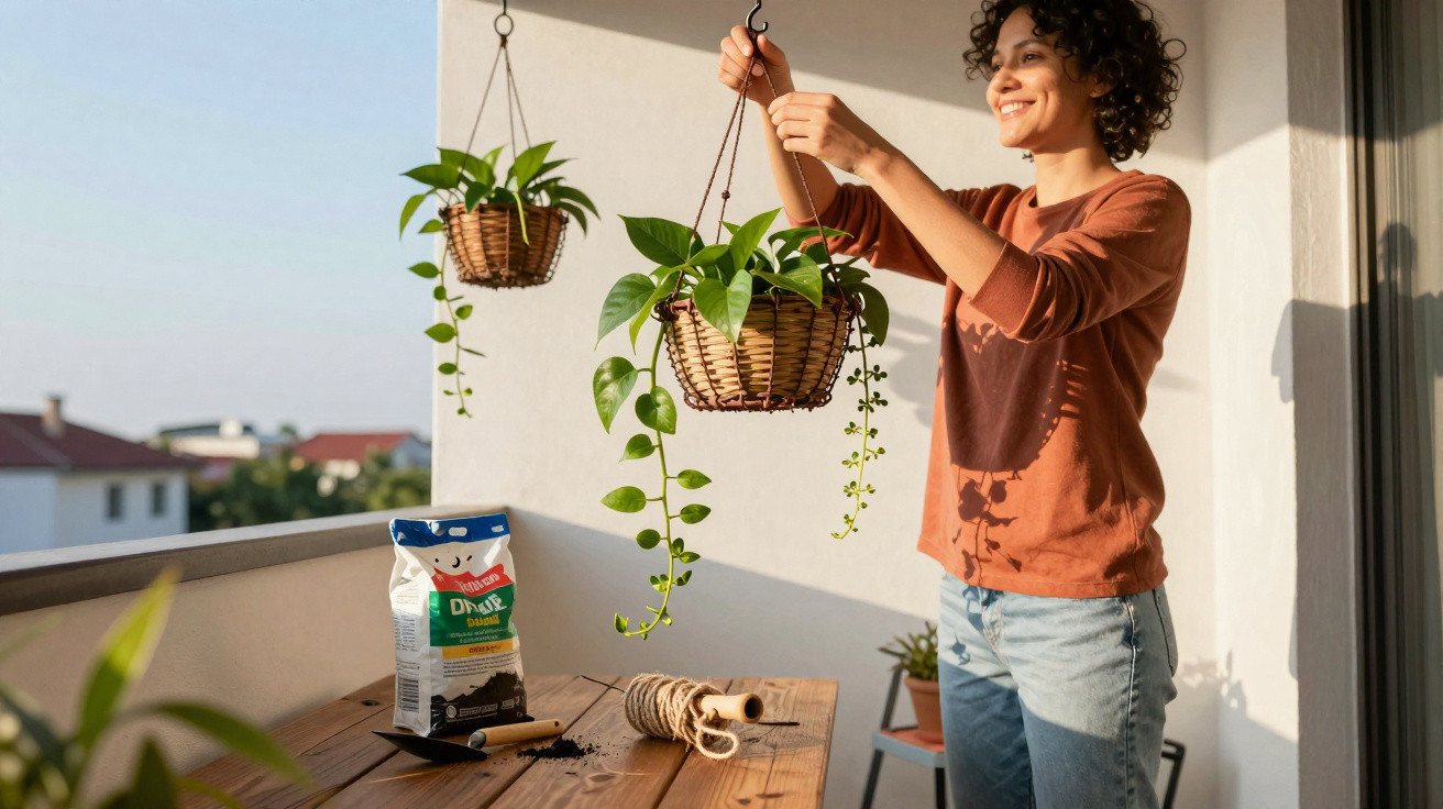 Woman hanging a woven basket with green trailing plants on a sunlit balcony with gardening tools on a wooden table.