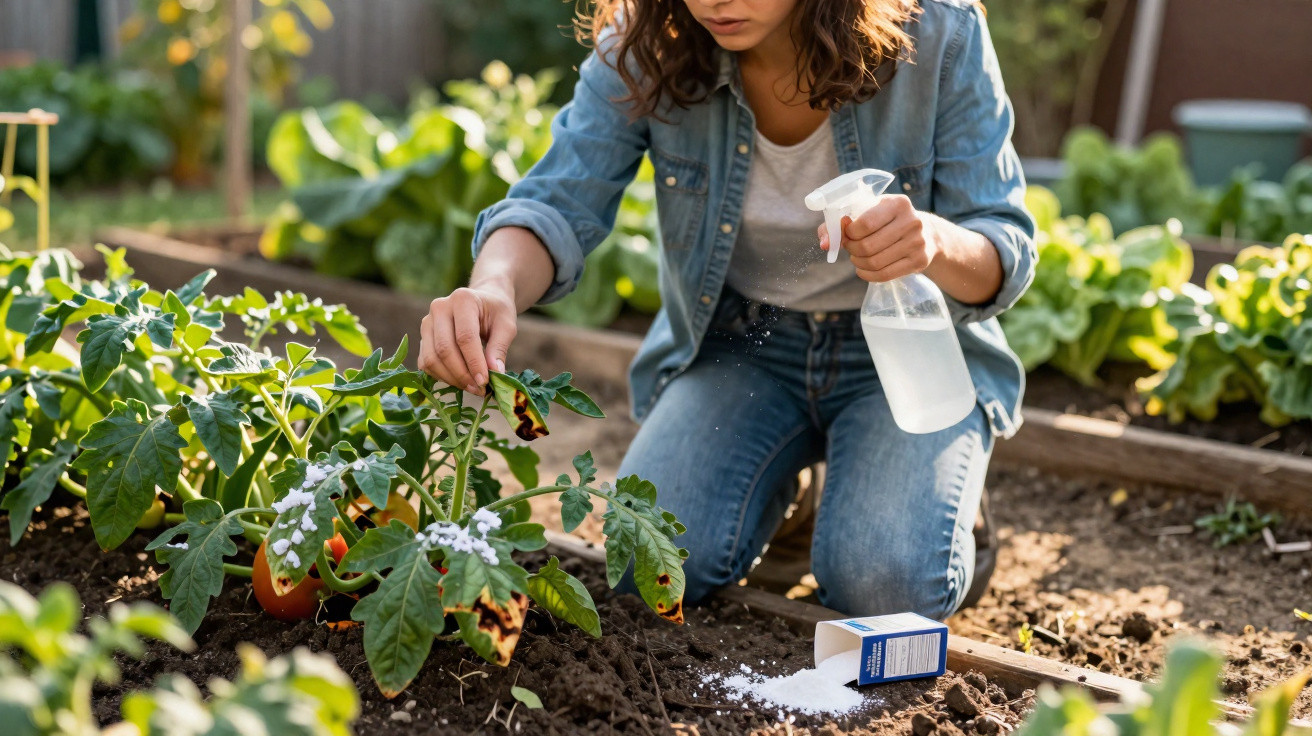 Woman spraying a tomato plant affected by leaf disease in a garden with a homemade remedy.