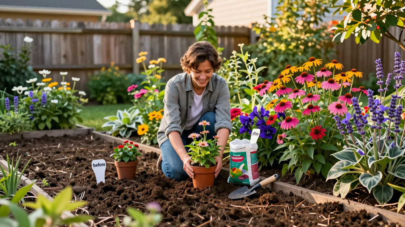 Person planting a flower in a garden bed surrounded by colourful blooming flowers on a sunny day.