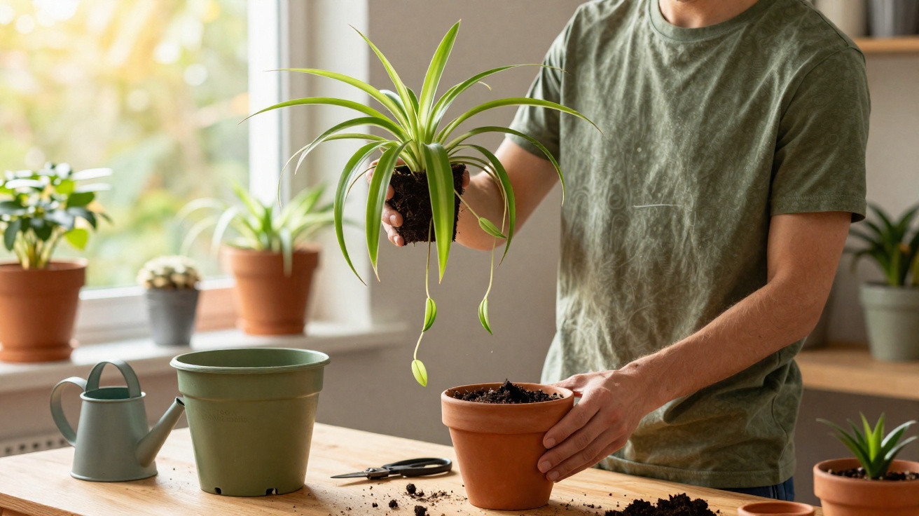 Person repotting a spider plant indoors with gardening tools and pots on a wooden table by a window.