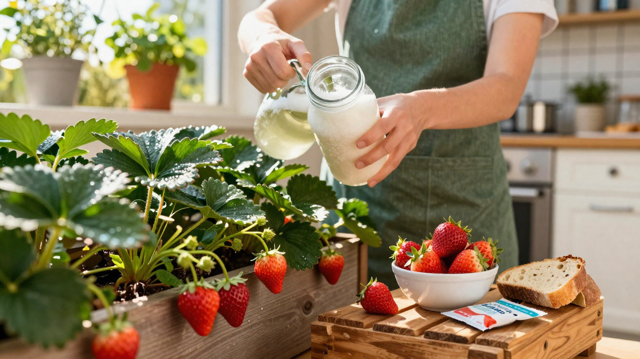 Person in apron pouring milk into a jar beside fresh strawberries and bread on kitchen counter.