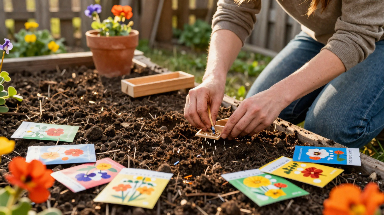 Person planting seeds in soil with colorful flower seed packets scattered nearby in a garden.