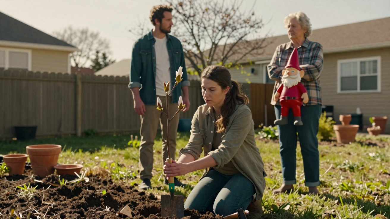 Woman planting a tree sapling in a garden while a man and elderly woman holding a garden gnome watch nearby.