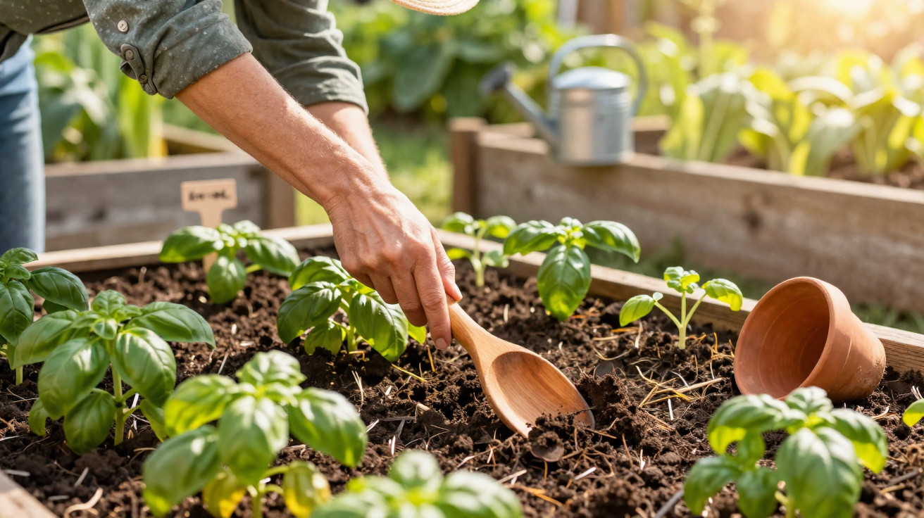 Person gardening herbs with a wooden spoon in a raised garden bed on a sunny day.