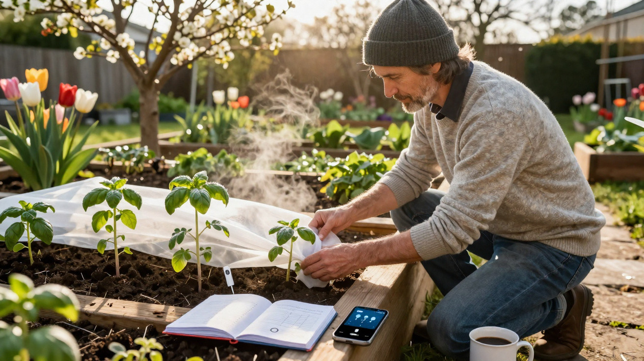 Man covering young plants with a protective mesh in a sunny garden with blooming tulips nearby.