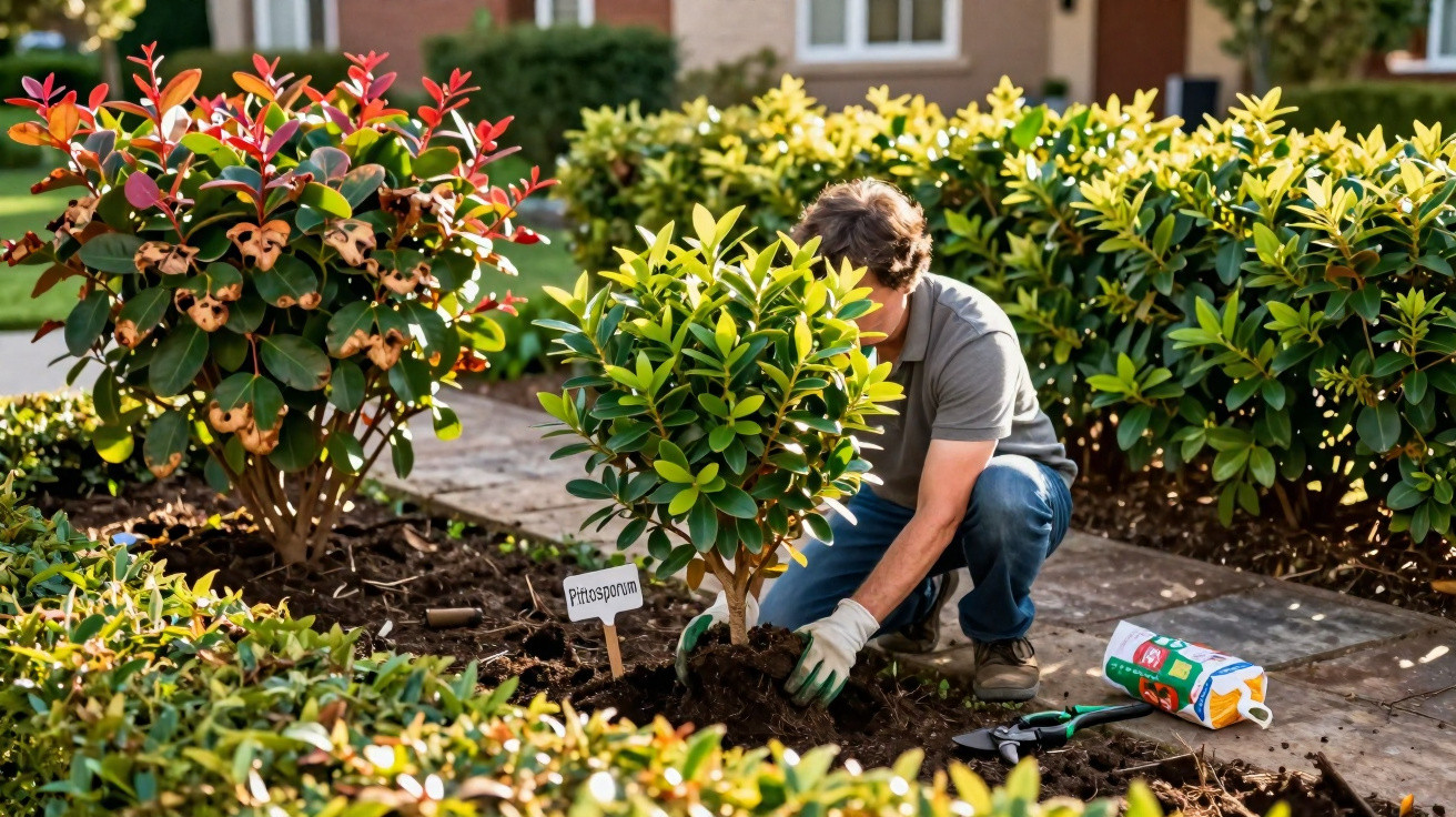 Man planting a Pittosporum shrub in a garden bed surrounded by green bushes and gardening tools.