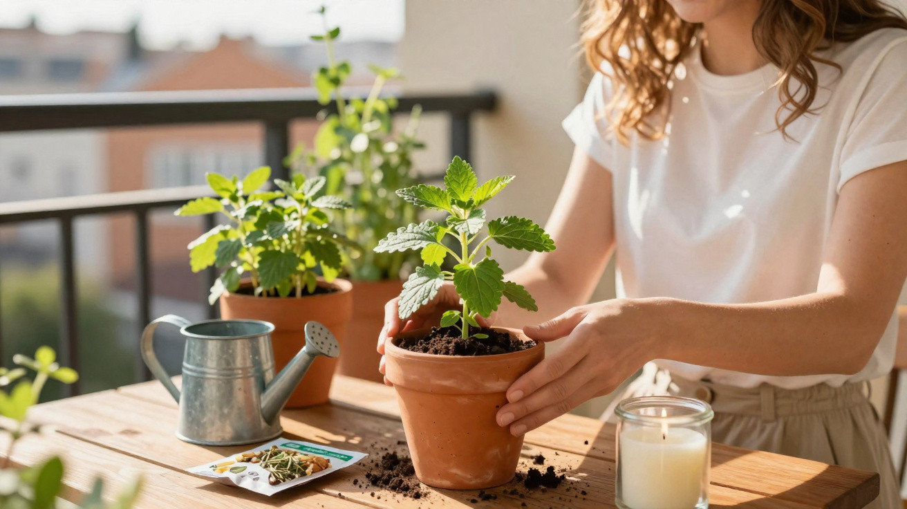 Person repotting a green plant on a wooden table with gardening tools and a lit candle in natural light.
