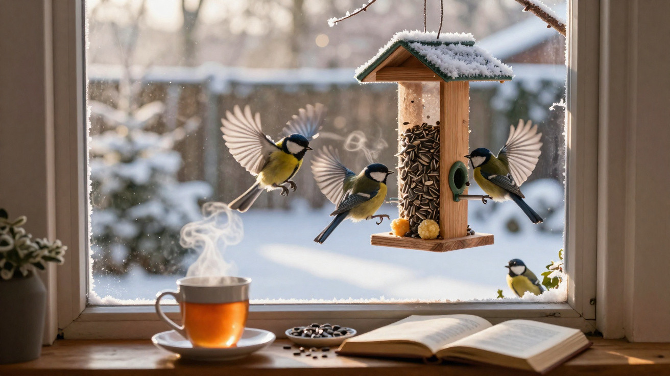 Three birds feeding at a snow-dusted bird feeder outside a window with a steaming cup and open book inside.