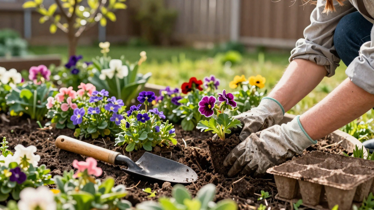 Person wearing gloves planting colourful pansies in garden soil with a trowel and seed trays nearby