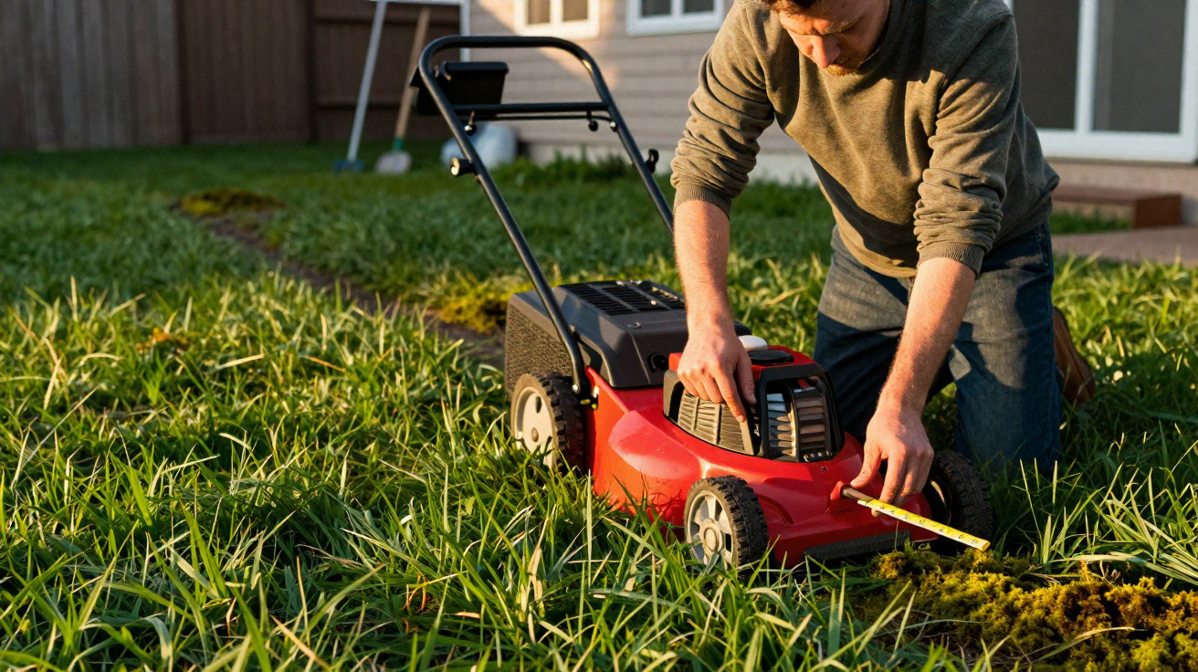 Man measuring a red lawn mower's cutting height on a grassy lawn in a backyard.
