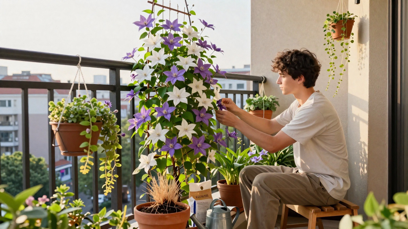 Young man tending to a flowering clematis plant on a sunny apartment balcony garden.