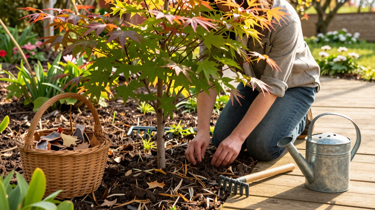 Person gardening by a small tree with a basket of leaves, a watering can, and a hand rake nearby on a wooden deck.