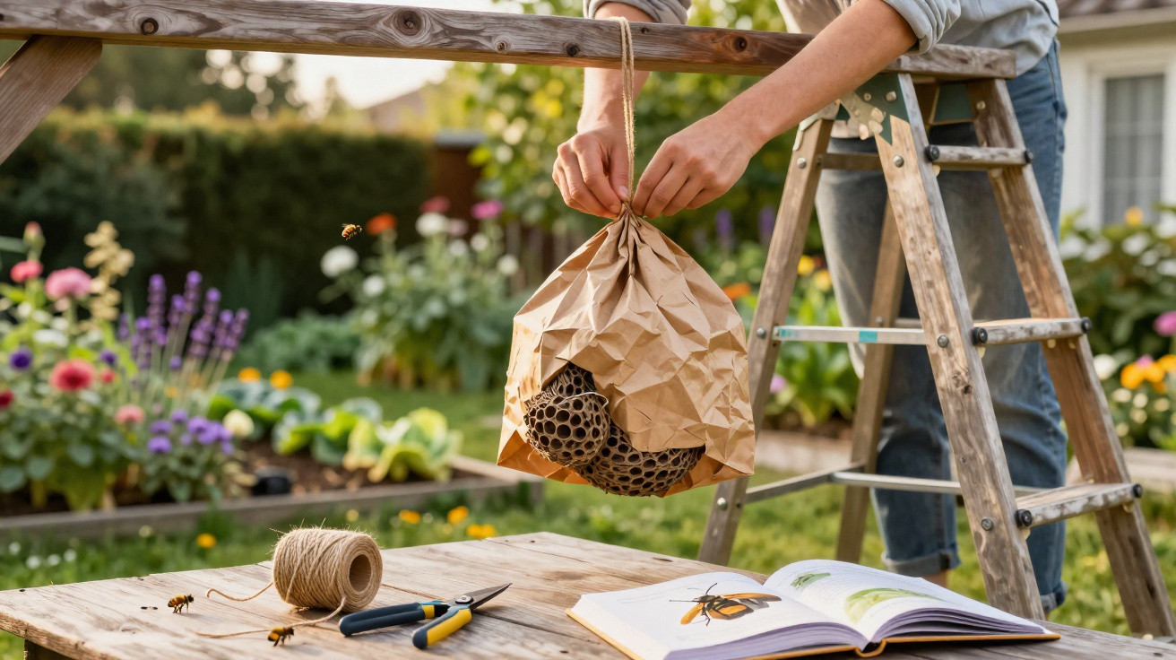 Hands hanging a brown paper wasp nest trap on a wooden beam in a garden with flowers and gardening tools nearby.