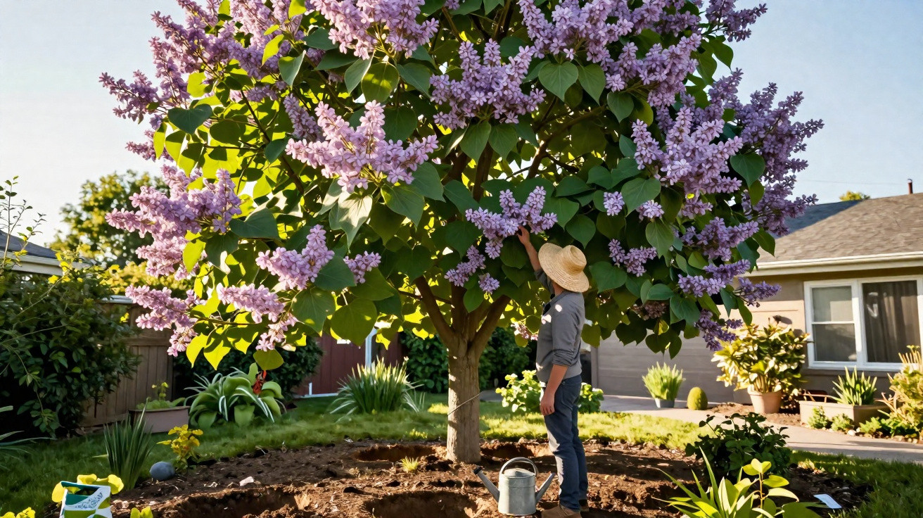 Person wearing a hat standing under a large lilac tree in full bloom in a residential garden on a sunny day.