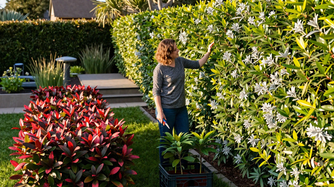 Woman pruning white flowering shrubs in a well-maintained garden with red-leaved plants nearby on a sunny day.