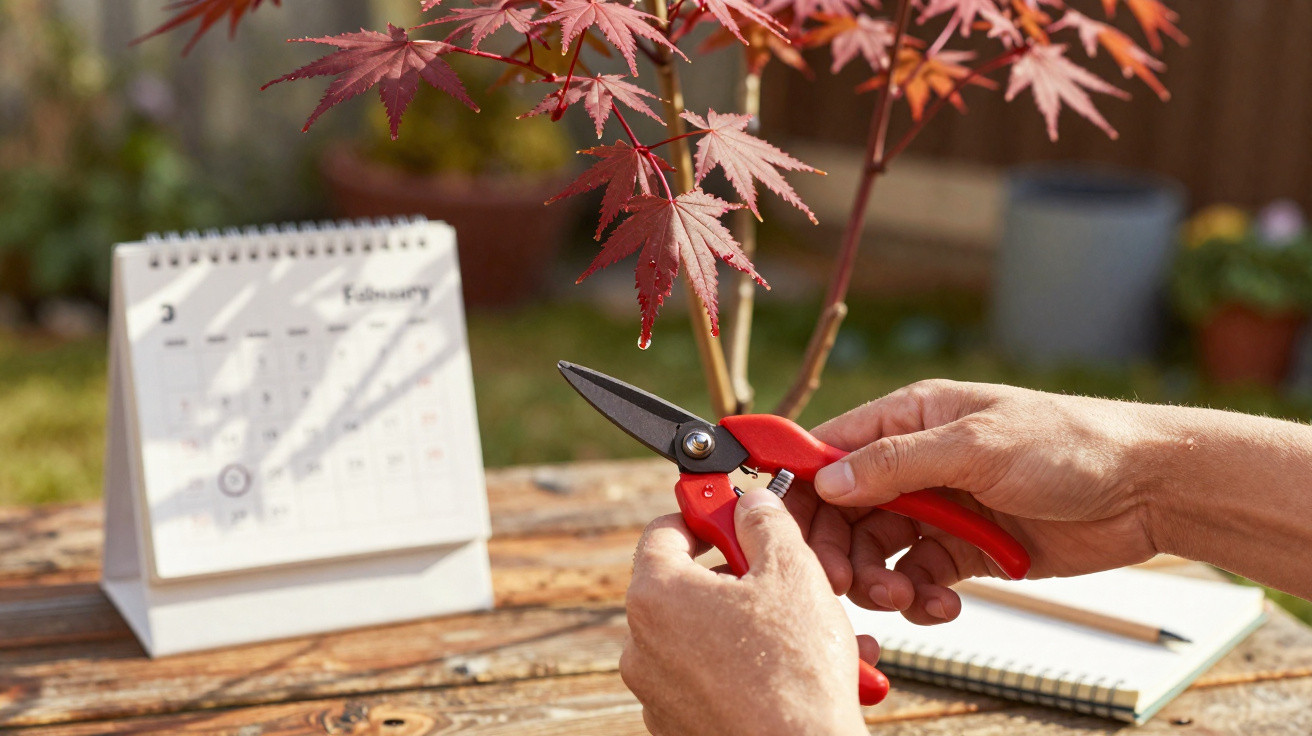 Person holding red pruning shears near red maple leaves on a wooden table with a calendar and notebook.