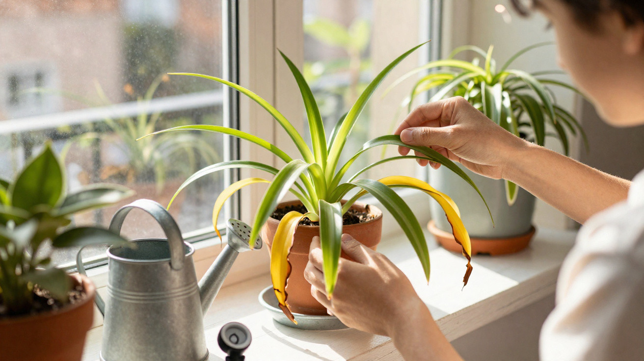 Person tending to potted spider plant on a windowsill with a watering can and other plants nearby