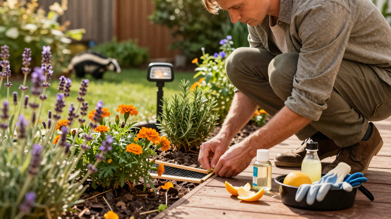 Man measuring garden bed near orange flowers with gardening tools and lemon slices on wooden patio