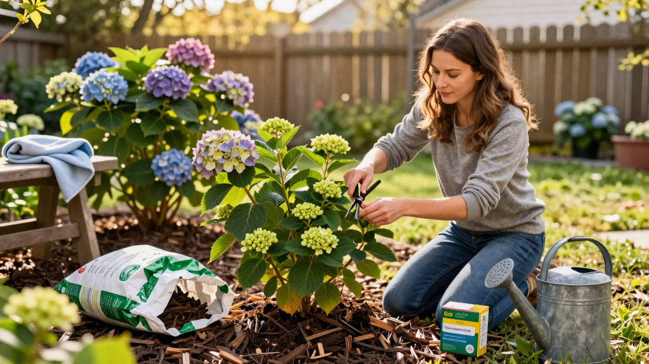 Woman pruning hydrangea bush in sunny garden with gardening tools and soil bag nearby