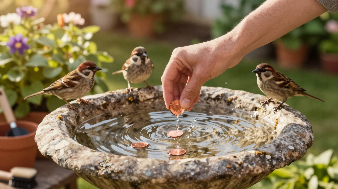 Three sparrows perched on the edge of a birdbath as a hand drops coins into the water.
