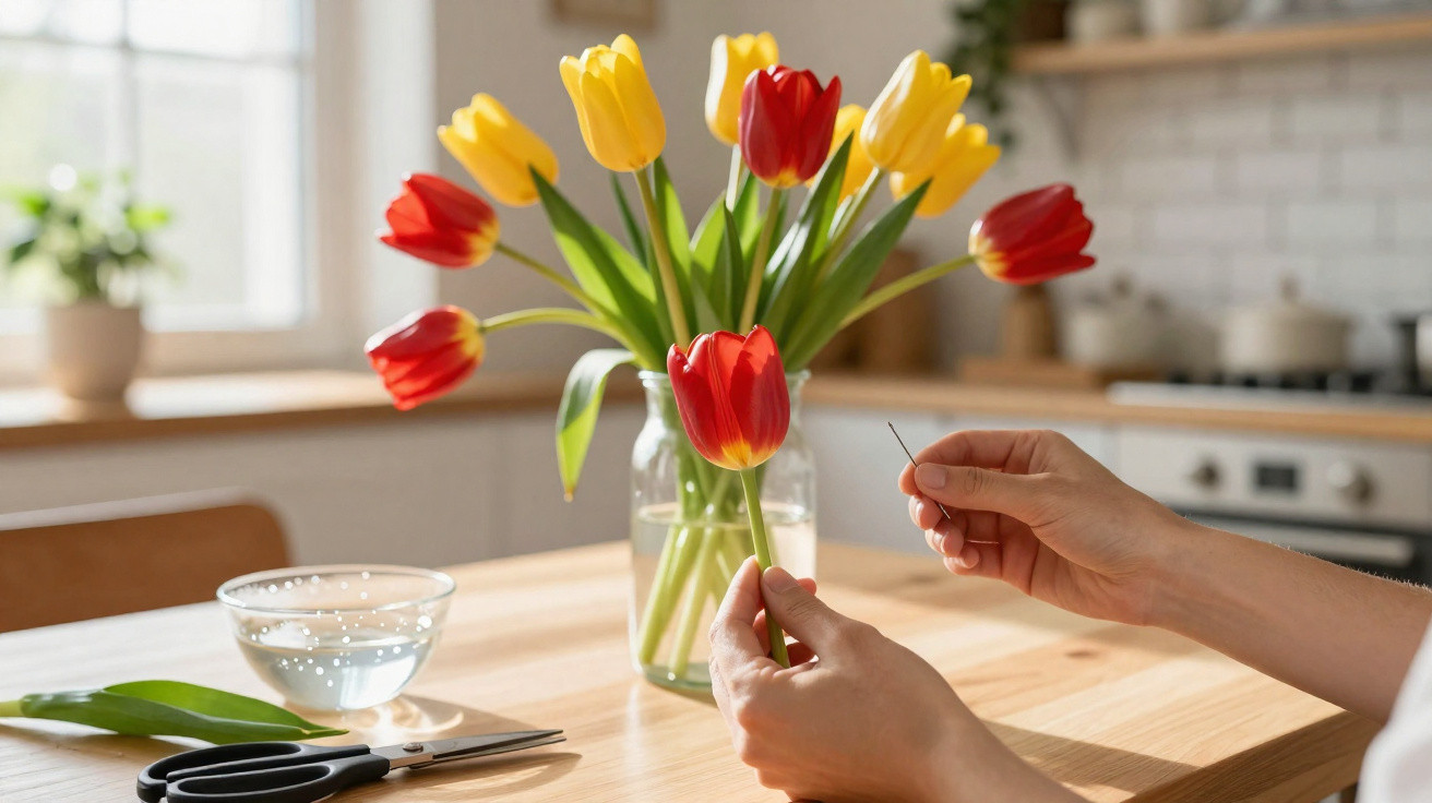 Hands arranging a red tulip in a bouquet of yellow and red tulips in a glass vase on a kitchen table.
