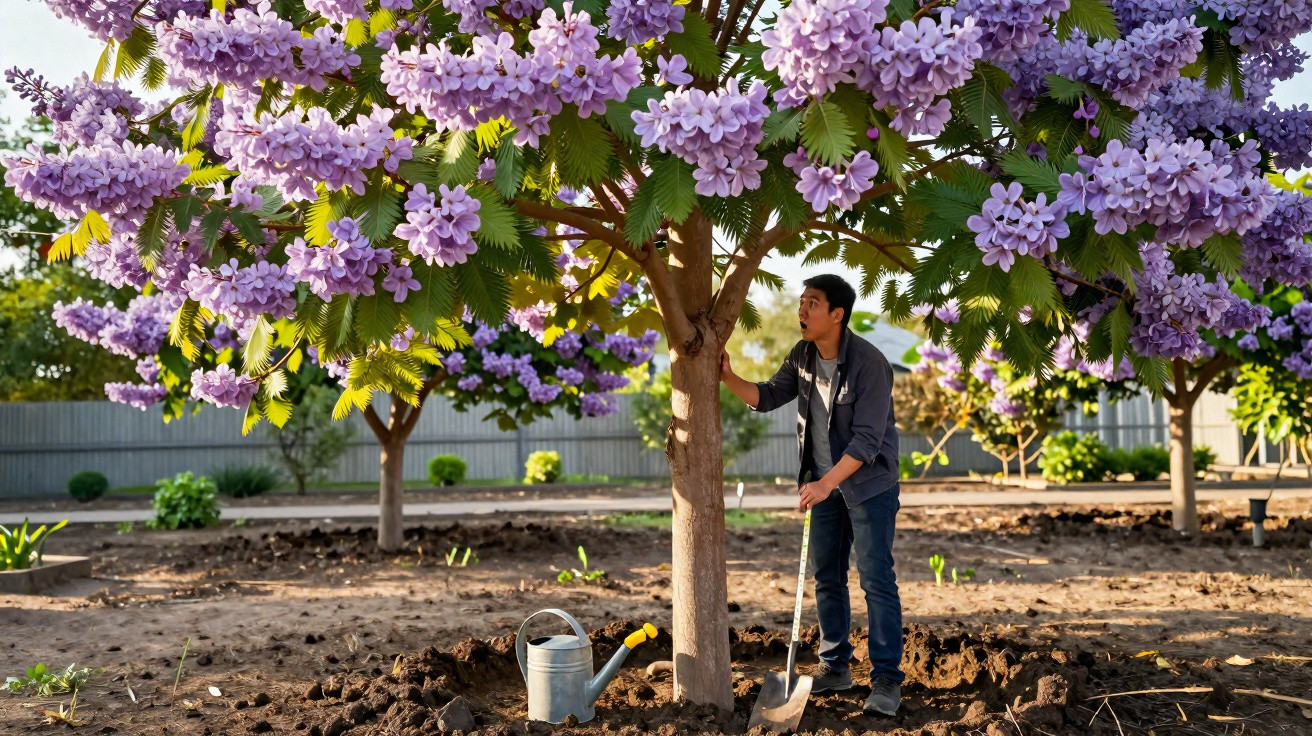 A man tending to a jacaranda tree with purple flowers in a garden, holding a shovel near a watering can.
