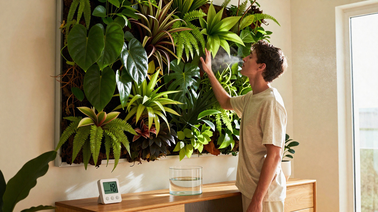 Young man misting a vibrant vertical garden on a wall inside a sunlit room next to a wooden cabinet.
